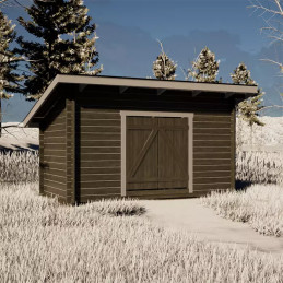 Pihavarasto P8 – 8 m² hirsitalli pulpettikatolla. Kestävä ja helppo ratkaisu pihavarastoksi.