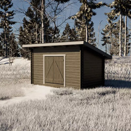 Pihavarasto P8 – 8 m² hirsitalli pulpettikatolla. Kestävä ja helppo ratkaisu pihavarastoksi.