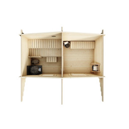 Lillevilla Kulovesi – 7,6 m² pihasauna 44 mm hirsillä, pukuhuone ja löylyhuone. Kompakti ja käytännöllinen.