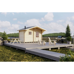 Lillevilla Kulovesi – 7,6 m² pihasauna 44 mm hirsillä, pukuhuone ja löylyhuone. Kompakti ja käytännöllinen.