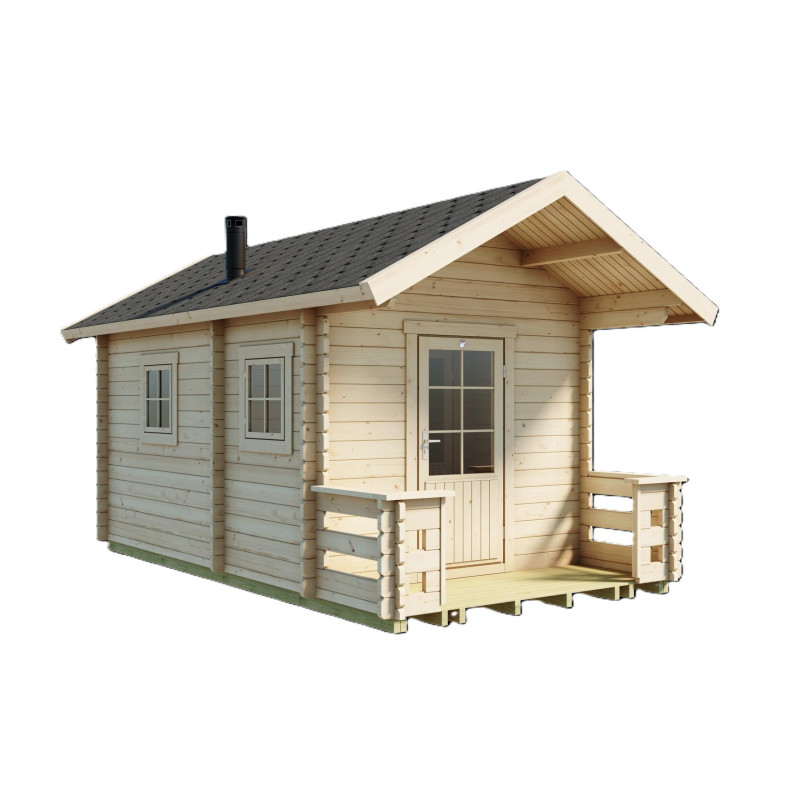 Lillevilla Tulilampi – 10,3 m² pihasauna 44 mm hirsillä, erillinen pukuhuone ja terassi. Tyylikäs ja helppo asentaa.