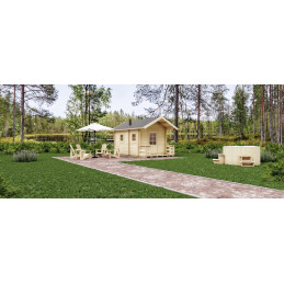 Lillevilla Tulilampi – 10,3 m² pihasauna 44 mm hirsillä, erillinen pukuhuone ja terassi. Tyylikäs ja helppo asentaa.