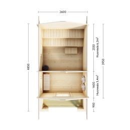Lillevilla Tulilampi – 10,3 m² pihasauna 44 mm hirsillä, erillinen pukuhuone ja terassi. Tyylikäs ja helppo asentaa.