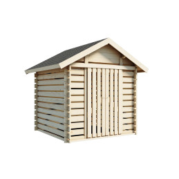 Kompakti ja edullinen Lillevilla Tahko -puuliiteri sopii pienellekin pihalle. 4 m² harvahirsirakennus, 34 mm hirret, liukuovi ja
