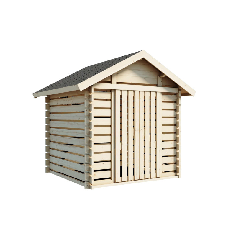 Kompakti ja edullinen Lillevilla Tahko -puuliiteri sopii pienellekin pihalle. 4 m² harvahirsirakennus, 34 mm hirret, liukuovi ja Kompakti ja edullinen Lillevilla Tahko -puuliiteri sopii pienellekin pihalle. 4 m² harvahirsirakennus, 34 mm hirret, liukuovi ja