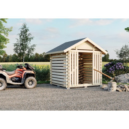 Kompakti ja edullinen Lillevilla Tahko -puuliiteri sopii pienellekin pihalle. 4 m² harvahirsirakennus, 34 mm hirret, liukuovi ja